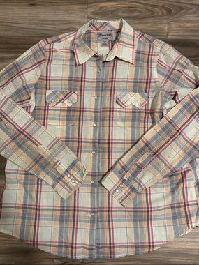 Wrangler Wrancher Western Shirt Womens Pearl Snap Button Plaid Size XL Blue Pink